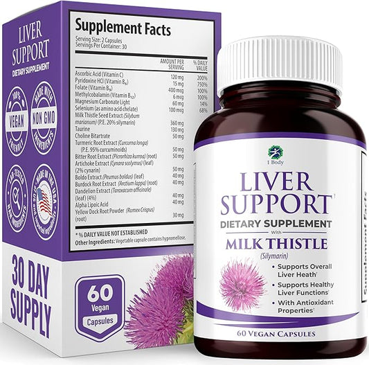 1 Body Liver Support Supplement – Milk Thistle, Dandelion Root & Artichoke for Liver Cleanse & Function, Natural Liver Health Formula, Non-GMO, Vegan 60 Capsules