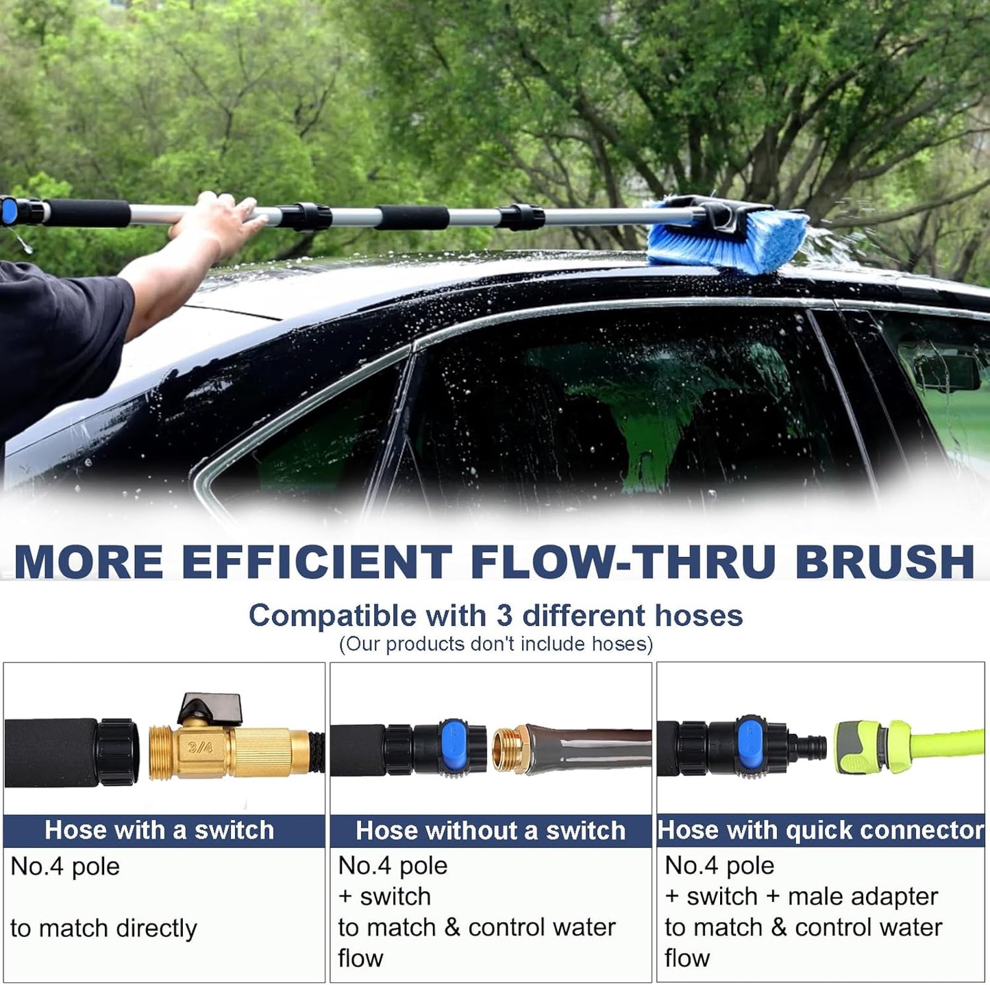 69" Car Wash Brush with Long Handle, Flow-Thru Soft Bristle Car Washing Brush with Extendable Handle and Hose Attachment for Car, RV, SUV, Truck, Boat, House Siding, Solar Panels, Blue