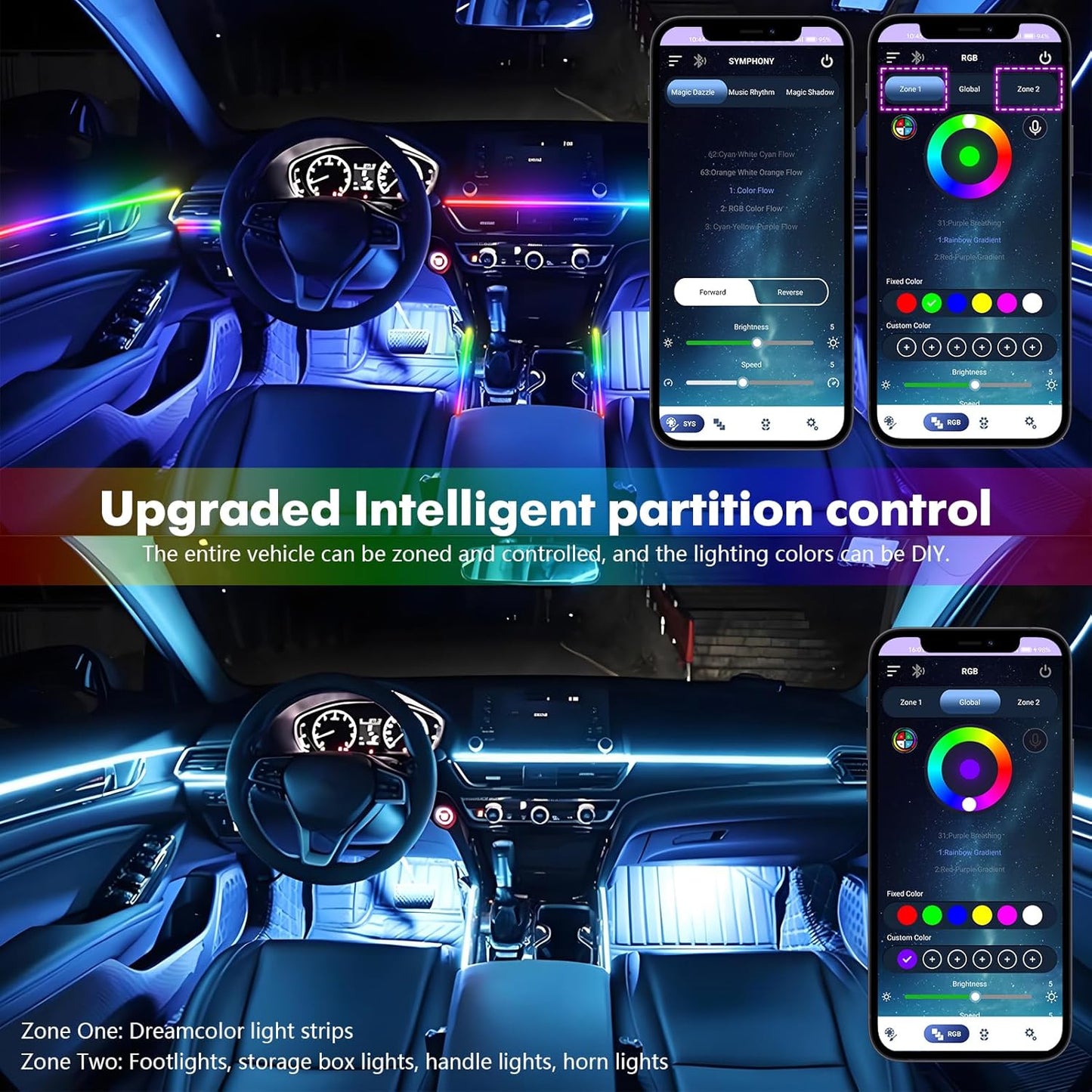 New Version Dreamcolor Acrylic Car Interior Lights 22 in 1 RGB LED Strip Lights APP Control Zoned Control System 252 Color Modes DIY Fiber Optic Ambient Lighting Kits Music Car Neon Lights