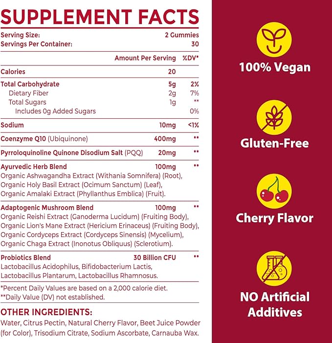 CoQ10 Gummies with PQQ - 400 MG Coenzyme Q10 High Potency, Enhanced with Ayurvedic Herbs, Adaptogenic Mushroom Blend & Probiotics for Heart, Brain, Energy, Immunity, Cherry Flavor, 120 Vegan Gummies