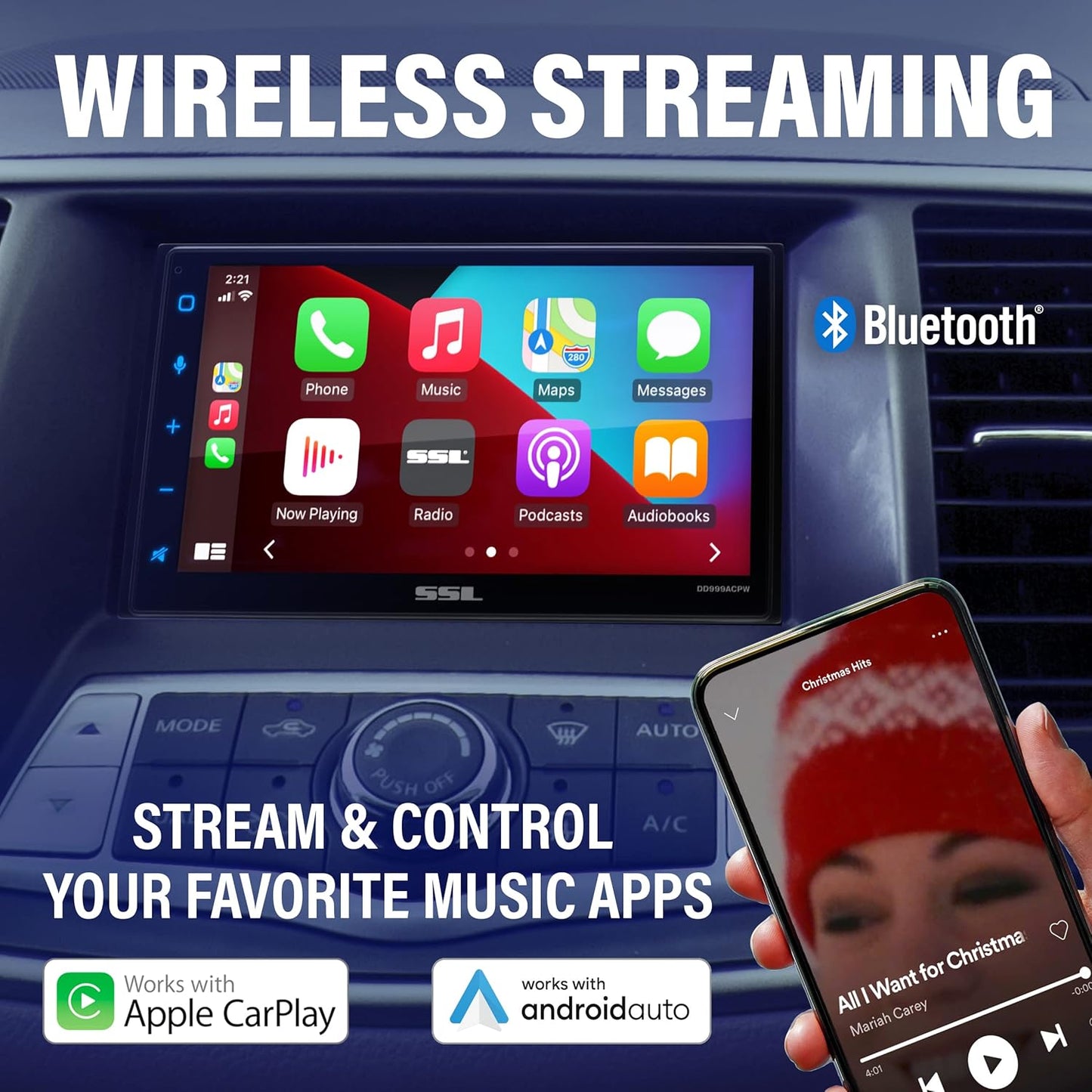 Sound Storm Laboratories DD999ACPW Wireless Apple CarPlay Android Auto Car Multimedia Player - Double-Din, 6.75 Inch Capacitive Touchscreen, Bluetooth, USB, No CD DVD Player, Multi-Color Illumination