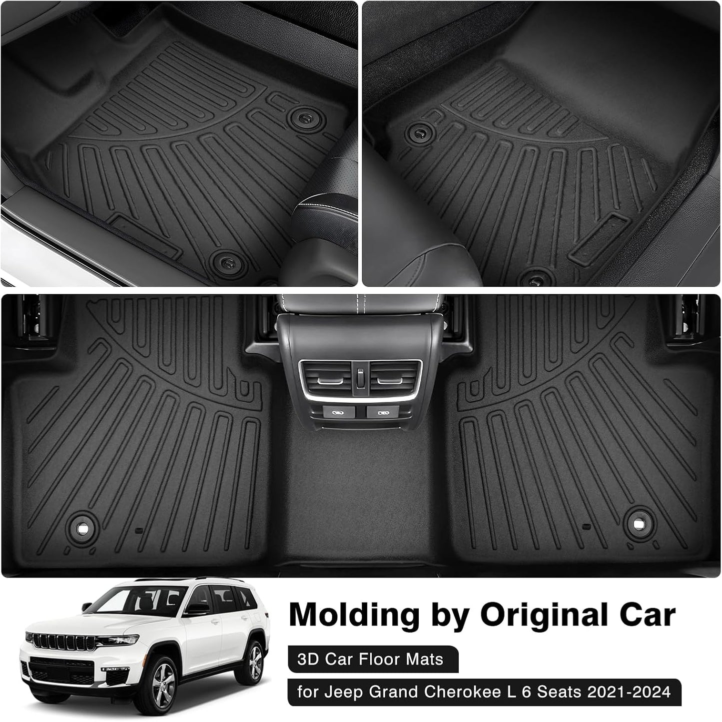 Powerty Floor Mats for 2021-2025 Jeep Grand Cherokee L 6 Seats Accessories All Weather Floor Liner 3D TPE 3rd Row Floor Mat Heavy-Duty Floor Liners