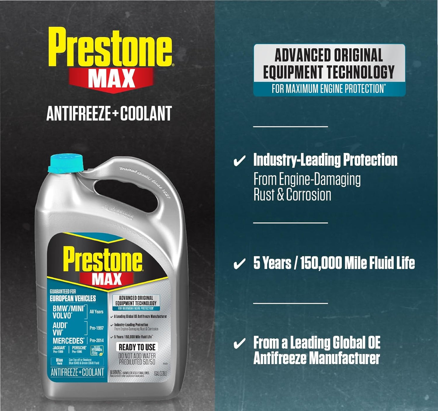 Prestone MAX Euro Blue 50/50 Antifreeze Automotive Coolant, Pack of One