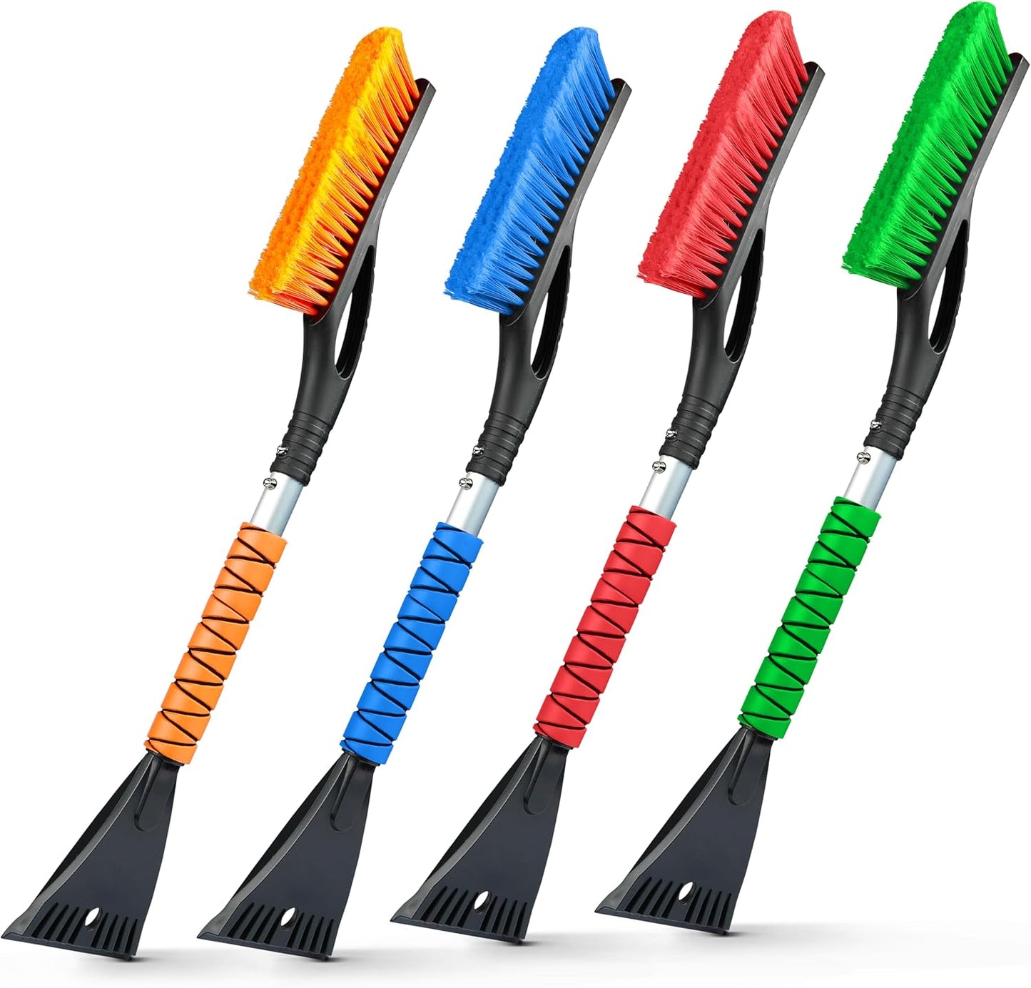 EcoNour 27" Aluminum Car Snow Scraper and Brush (Orange, Red, Green & Blue) | Weaved Bristle Head with Metal Body Ice Scraper for Car Windshield | Ice Scraper with Foam Grip Winter Accessory | 4 Pack