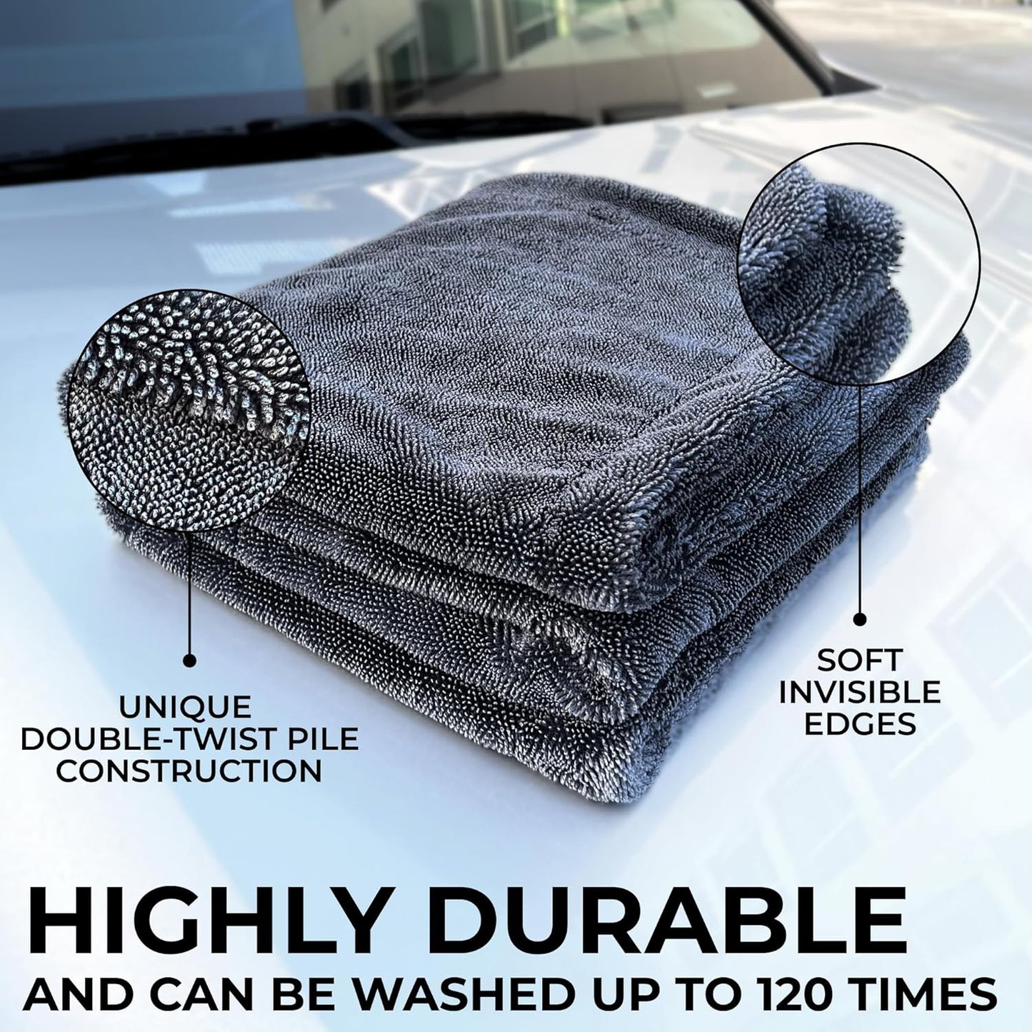 Large Car Drying Towel, 1300 GSM Professional Car Towel with Double Twisted Loop,Super Absorbent Large Microfiber Drying Towels for Cars, Trucks, SUVs - 20"x26", Gray