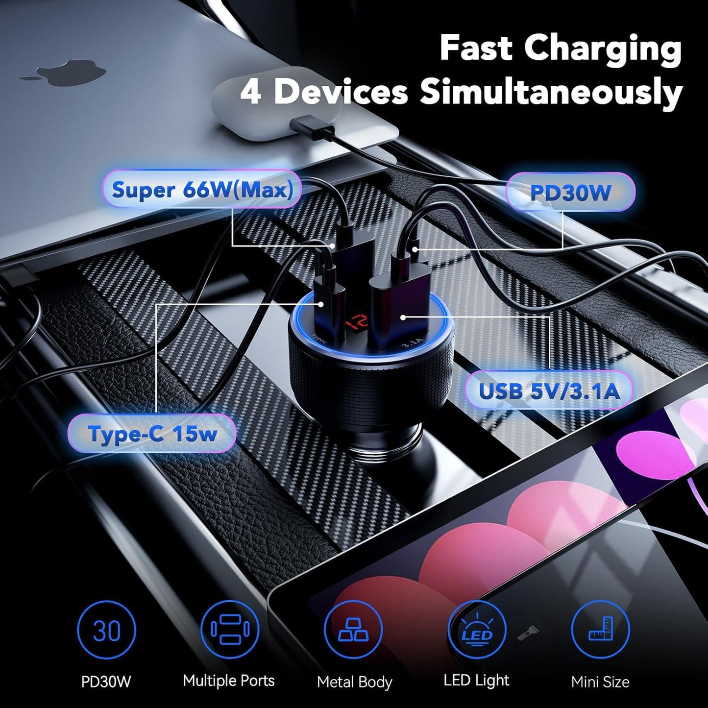 iPhone 16/15 Car Charger Adapter, 78W 4 Port USB C Car Charger with Voltmeter Fast Charging for iPhone 16 Pro/15/14/13, Samsung Galaxy, iPad