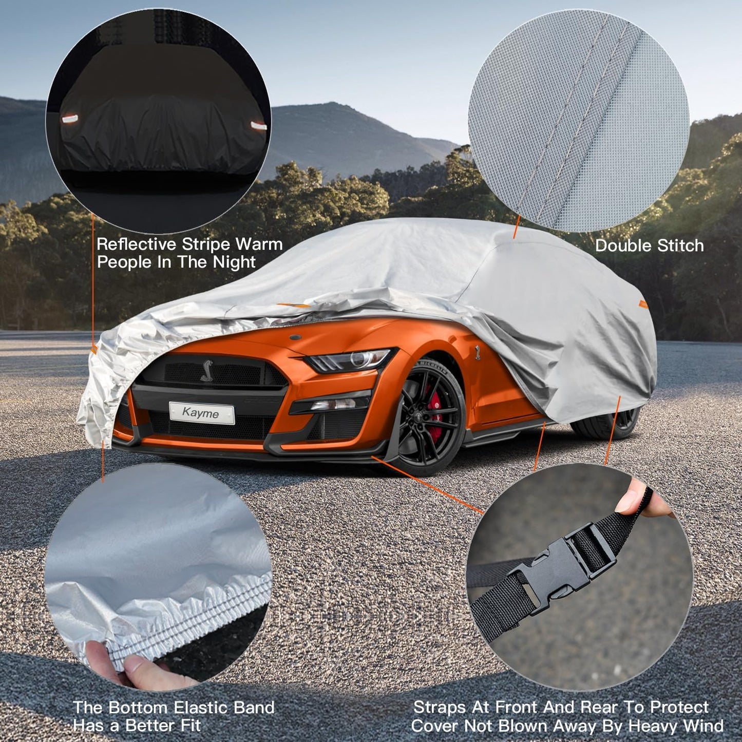 Kayme 6 Layers Car Cover Waterproof All Weather for Automobiles, Outdoor Full Cover Sun UV Snow Protection, Universal Fit for Ford Shelby, Chevy Camaro/Corvette, Lexus RC LC, Etc. (186-193 inch).