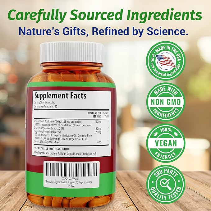 1 Body Beet Vital, Organic Beet Root Supplements for Circulation, Energy, & Stamina, Nitric Oxide Booster Beets Supplements with 1360mg Beetroot Extract, Vegan, Non-GMO, 60 Beetroot Capsules