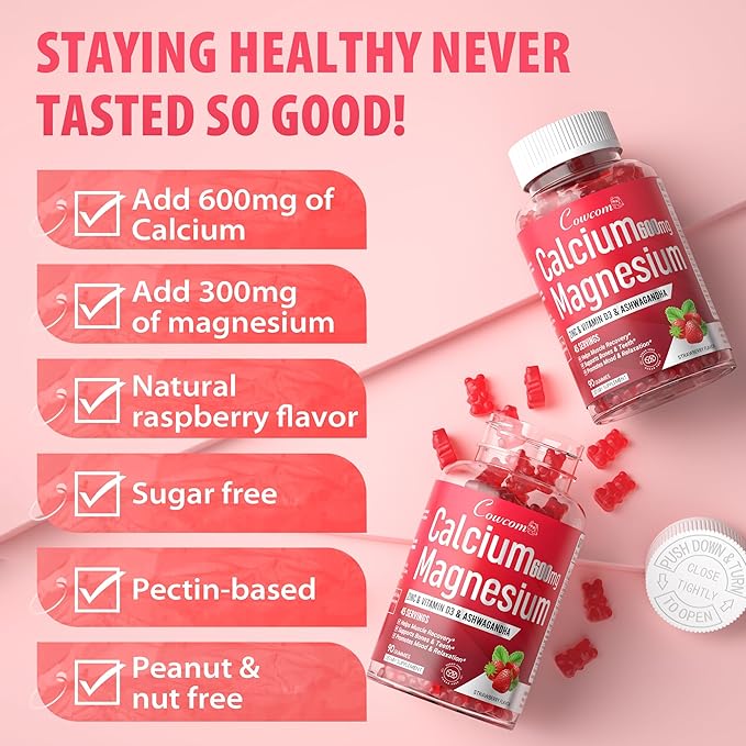 Calcium Magnesium Zinc Gummies & Vitamin D3,B6,B12,Immune & Supporting Bone Health Calcium Magnesium Supplement for Women Men,Sugar-Free Vegan Strawberry Flavor 90 Counts