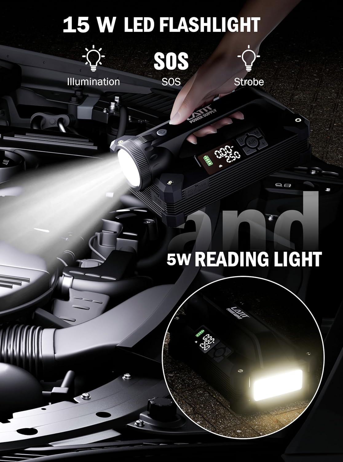 LATIT 6000A Jump Starter with Air Compressor 150PSI 65W Charger, 12V Battery Jumper Starter Pack Portable (10L Gas/8L Diesel), 103.6Wh Jump Box Battery Charger with LCD Display, Lights 2000 LM