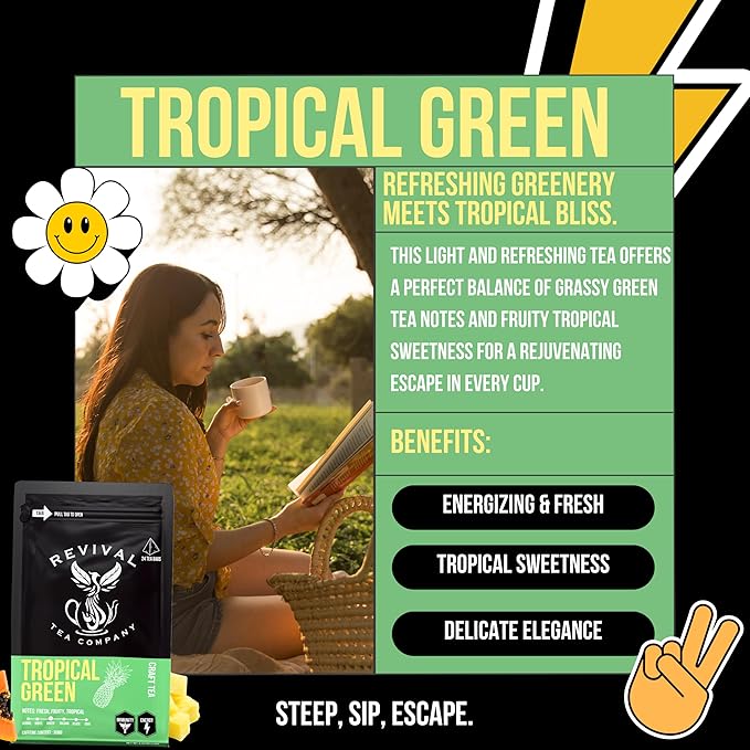 Revival Tea Company Tropical Green Tea - Green Tea Blend with Pineapple and Papaya Flavor - Loose Leaf 6 Ounces