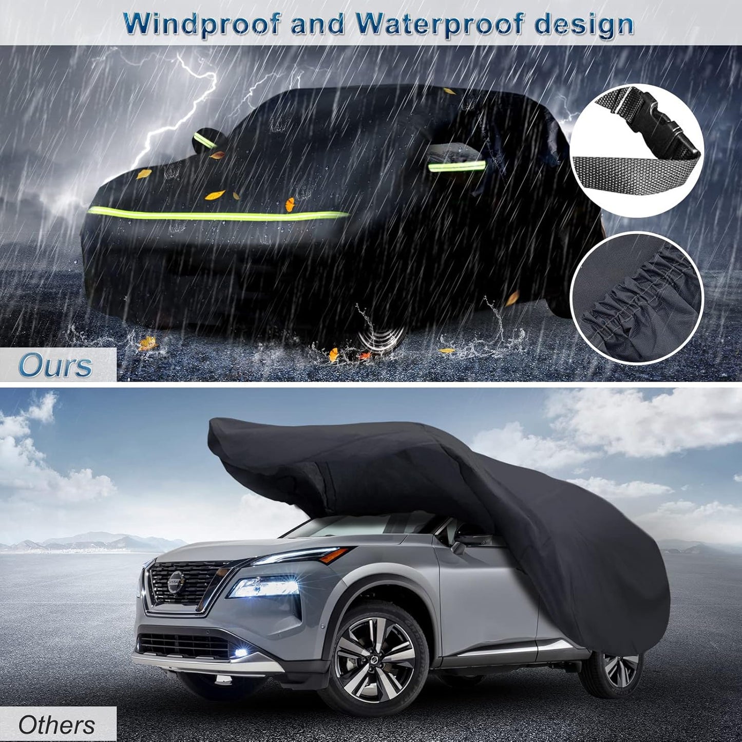 SUV for Nissan Rogue Full Car Cover Waterproof All Weather, Outdoor Car Covers with Zipper and Soft Cotton Lining Windproof Heavy Duty Protection Compatible with 2008-2025 Nissan Rogue SUV