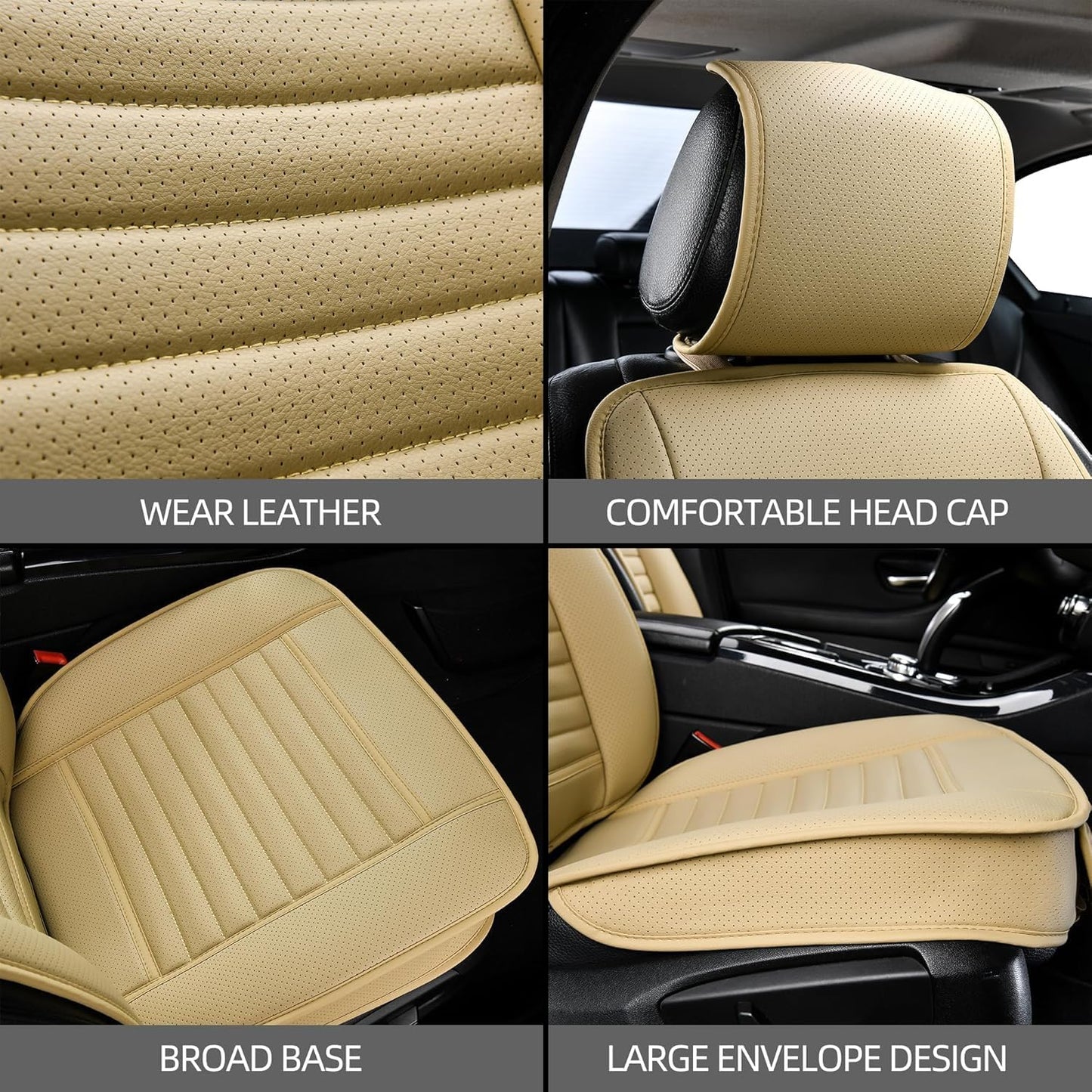 Universal Leather Car Seat Covers Full Set, Car Seat Cushion Covers Protector for Cars SUV Pick-up Truck Van Interior Accessories(Beige)