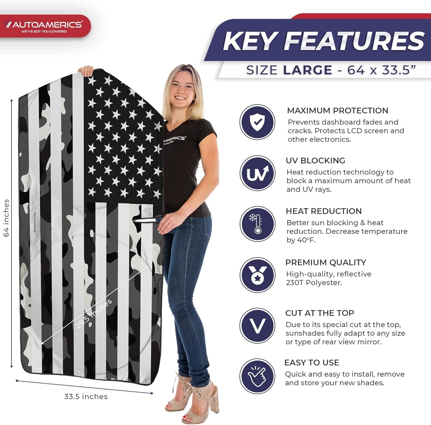 Autoamerics 1-Piece Windshield Sun Shade B&W Camo American Flag USA Design - Foldable Car Front Window Sunshade for Most Sedans SUV Truck - Blocks Max UV Rays and Keeps Your Vehicle Cool - Large