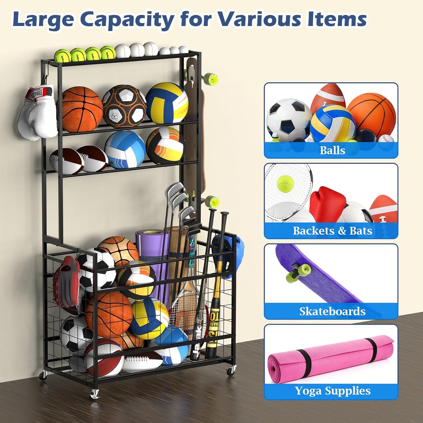 smusei Sports Equipment Organizer Garage Basketball Ball Holder for Sports Gear and Toys Garage Ball Storage Rack Cart with Wheels and Hooks for Volleyball Football Basketball, Indoor/Outdoor, Black