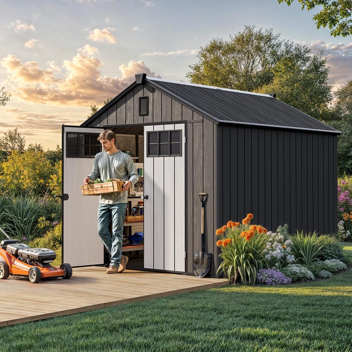 YITAHOME 8x10 FT Outdoor Storage Shed with Floor, Plastic Garden Shed for Bikes, Tools, and Pool Supplies, Outdoor Resin Shed with Lockable Doors, Windows, and Vents for Patio, Lawn, Backyard, Black