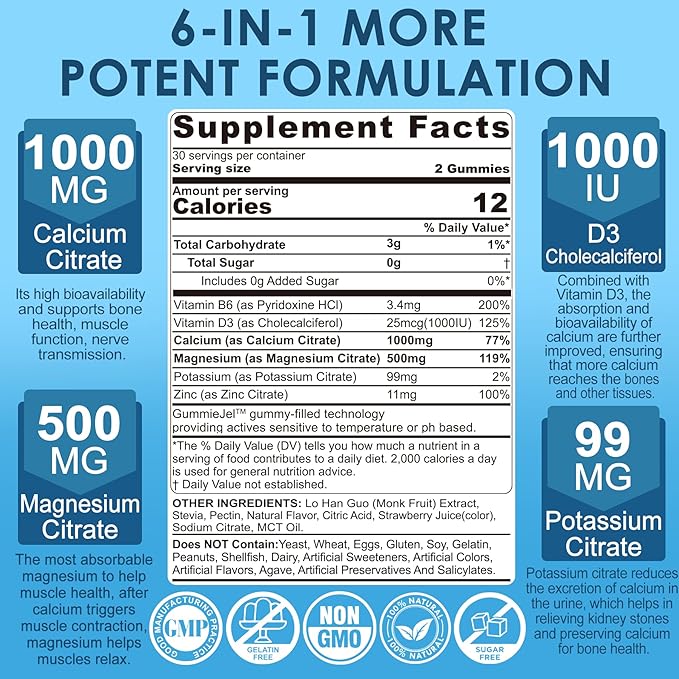 Calcium Citrate 1000mg, Calcium Gummies with Calcium & Magnesium 2:1 Ratio, Plus Vitamin D3, Zinc, B6 & Potassium – High Absorbable Calcium Chewable, Bone & Muscle Support, Vegan, Sugar-Free, 60Cts