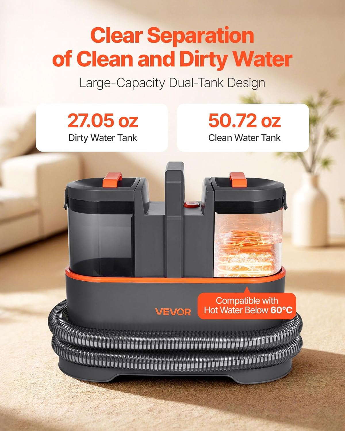 VEVOR Carpet Cleaner Machine, 50.72 oz Clean Water Tank & 27.05 oz Dirty Water Tank, Portable Upholstery Shampooer, 11.5Kpa Handheld Furniture Extractor, Spot and Stain Deep Cleaner for Rug Couch Car