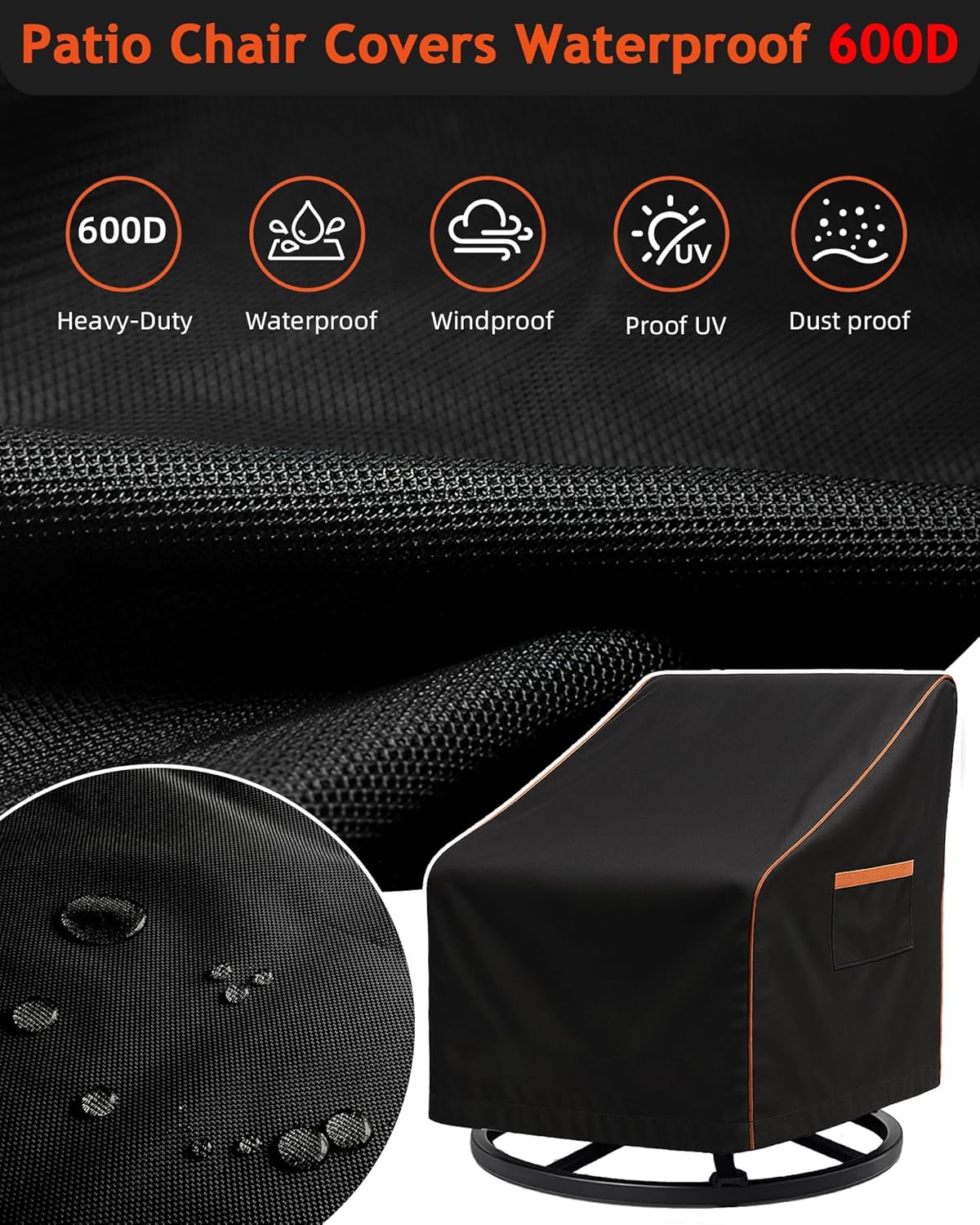 Outdoor Waterproof Patio Chair Covers, Heavy Duty Oxford Coating Weather Resistant Patio Furniture Covers 600D 30W x 34D x 36H inches 2-Pack, Black