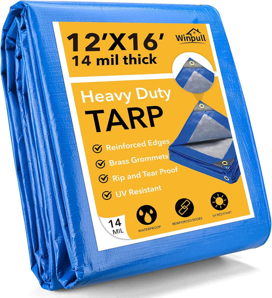 Tarp 12x16 Feet 14 Mil Heavy Duty Waterproof Tarp, Large Multipurpose Cover with Brass Grommets and Reinforced Edges, UV Resistant Thick Poly Tarps for Outdoor Camping Tent Pool Car, Blue