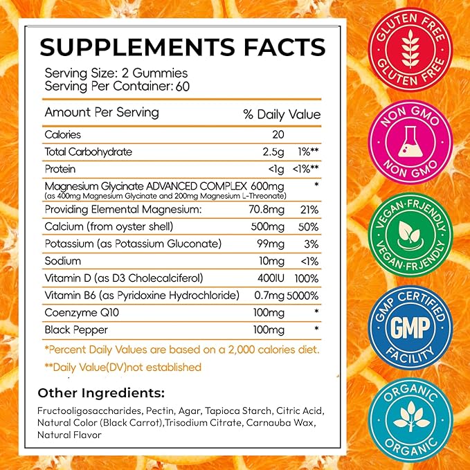 Magnesium Glycinate Gummies, High Absorption Magnesium Gummies with L-Threonate, Calcium, Vitamin B6, D3, Sugar Free Chews for Adults & Kids Relaxation, Stress Relief, Night Rest