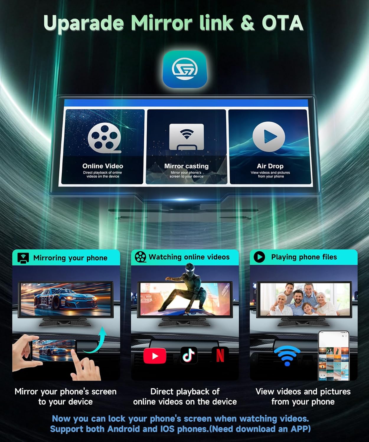 Carplay Screen for Car, 10.26 inch IPS Touch Screen Portable Wireless Car Stereo with Carplay Android Auto SuperLink OTA Bluetooth GPS Siri Aux, 7-32V for Trucks, SUVs, Cars, RVs