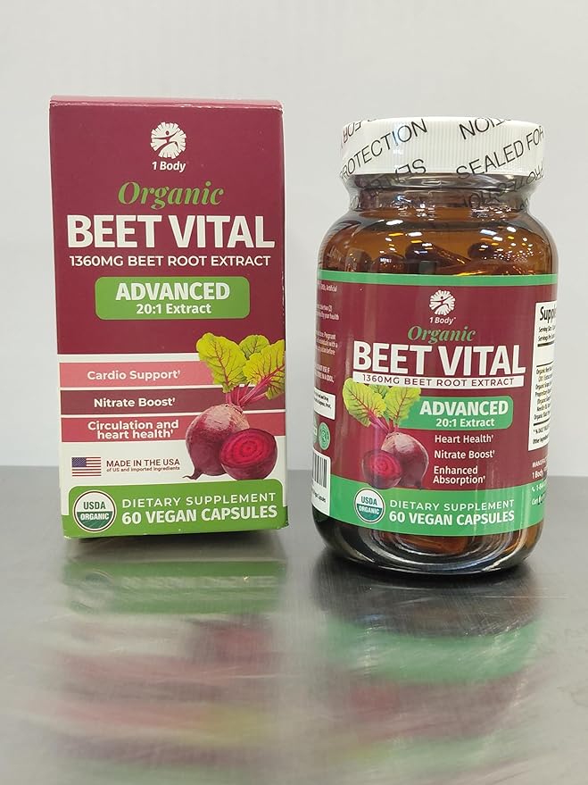 1 Body Beet Vital, Organic Beet Root Supplements for Circulation, Energy, & Stamina, Nitric Oxide Booster Beets Supplements with 1360mg Beetroot Extract, Vegan, Non-GMO, 60 Beetroot Capsules