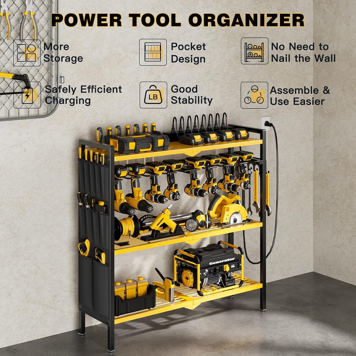 Large Power Tool Organizer Cart with Charging Station 8 Drill Holder Garage Storage Standing Heavy Duty and Stability Storage Rack Utility Tool Shelf (Yellow)