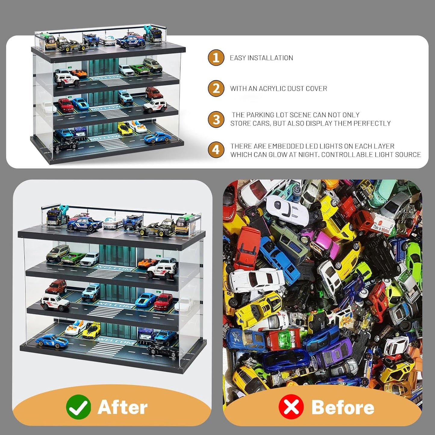 Display Case for Hot Wheels Garage & Matchbox Cars with LED Light, 1/64 Scale Diecast Toy Cars Garage, Storage Case for Hot Wheels, Parking Garage Diorama with 4 Levels Maximum 58 Cars