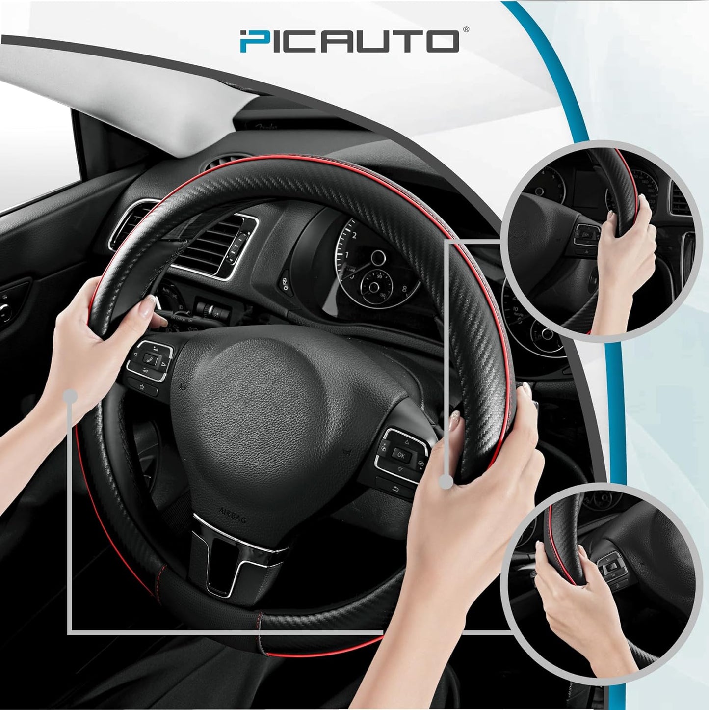 PIC AUTO Steering Wheel Cover, Red Piping Leather, Sports Carbon Fiber and Super Breathable Leather, Universal 14.5-15.5 Inch Anti-Slip Steering Wheels Accessories for Men & Women