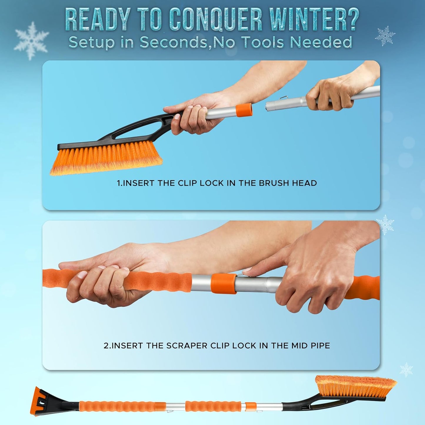 EcoNour 43" Ice Scrapers for Car Windshield Extendable | 3 Parts Detachable Telescopic Snow Brush for Car, Trucks, SUV | Long Snow Scraper with Brush | Car Winter Accessories (2 Pack)