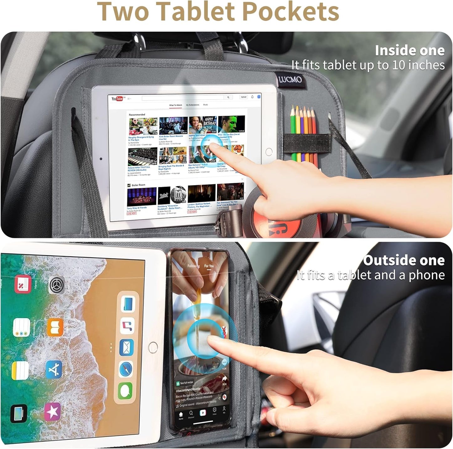 LUCMO Car Backseat Organizer with Tablet Holder-2 Pcs,6 Storage Pockets Car Storage Organizer with Foldable Food Tray Protectors Kick Mats Travel Accessories-Grey