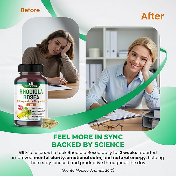 Rhodiola Rosea Supplement Enriched with Ashwagandha, Magnesium, L-Theanine, St. John's Wort, Lemon Balm - Support Mood, Sleeps Quality, and Mental Focus | 150 Capsules