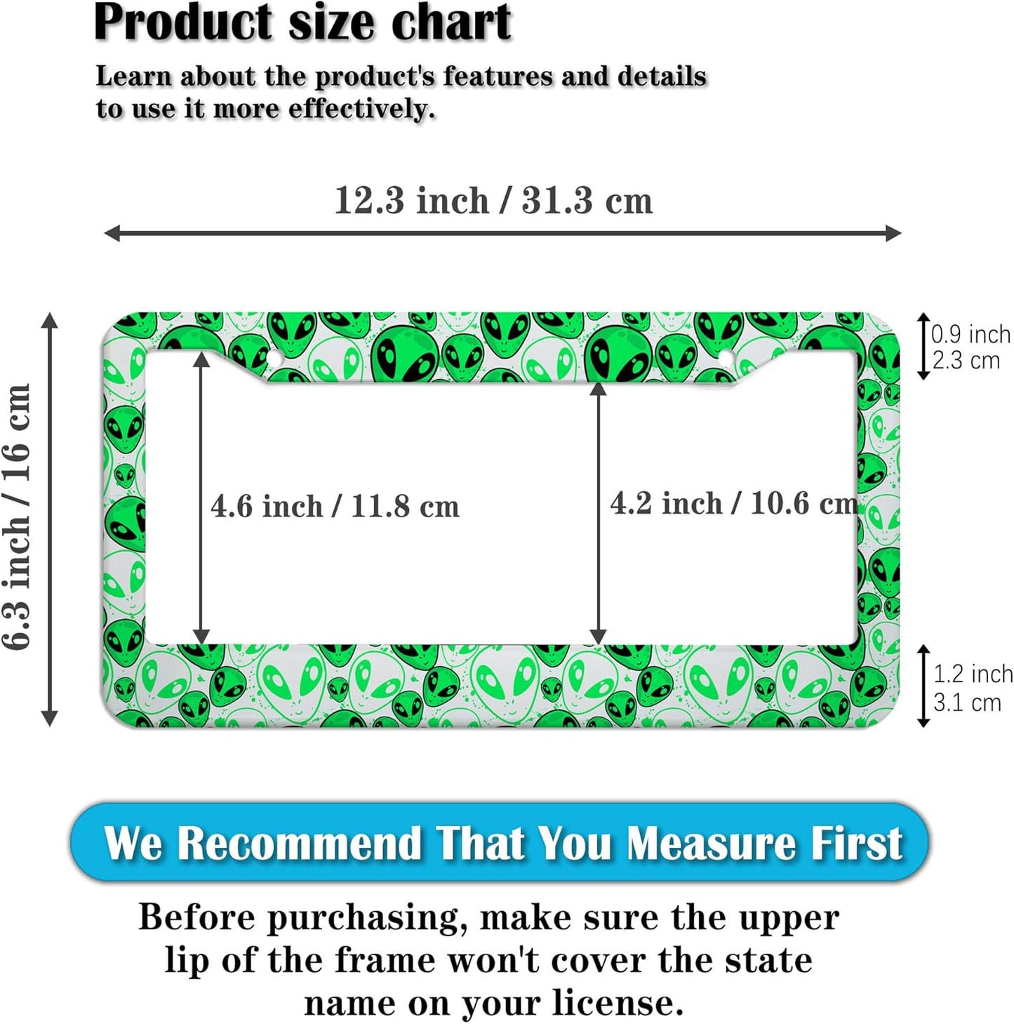 License Plate Covers for Men Green License Plate Frames for Women Alien Universal Aluminum Car Accessory 2 Pack with Screw Covers Set