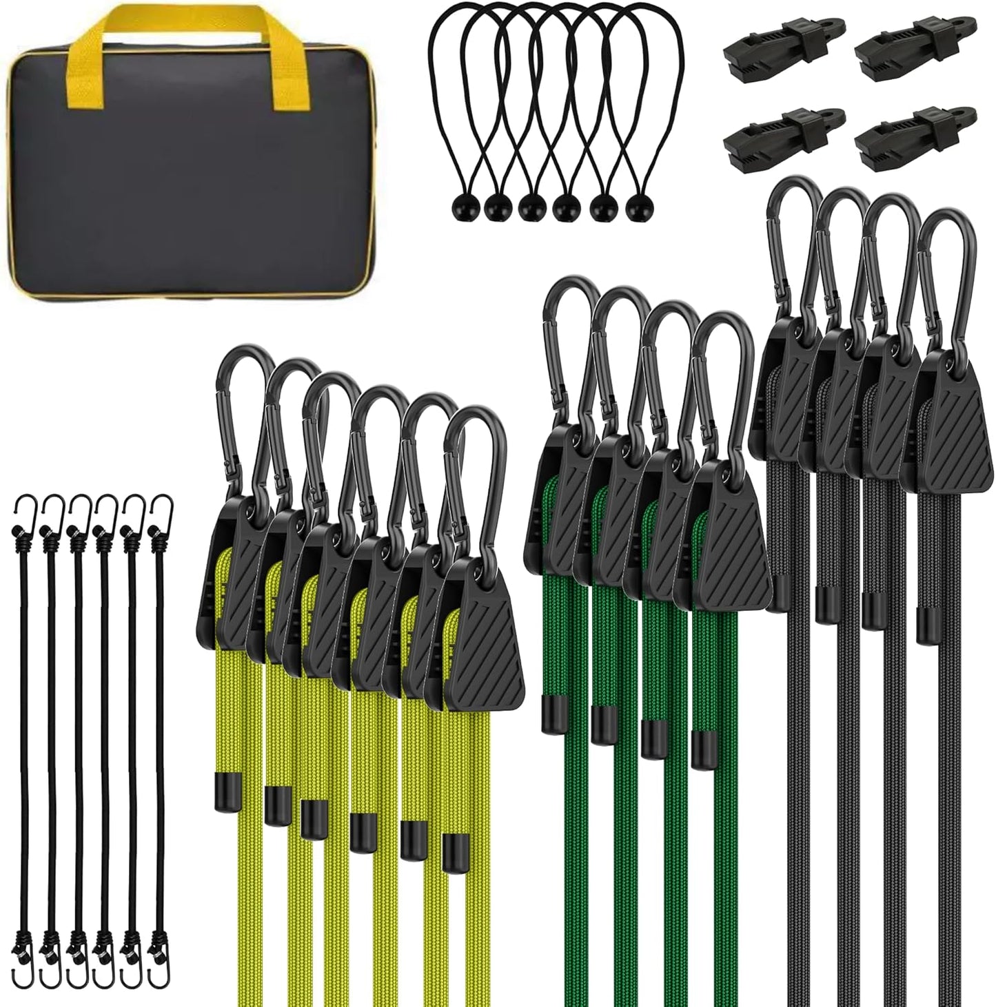Bungee Cords with Hooks, Upgrade 30pcs Assortment Heavy Duty Outdoor with 24'' 32'' 48'' Adjustable Bungee Cords, 10'' J Hooks Cord, 6" Canopy Tarp Ball Ties and Tarp Clips Drawstring Organizer Bag