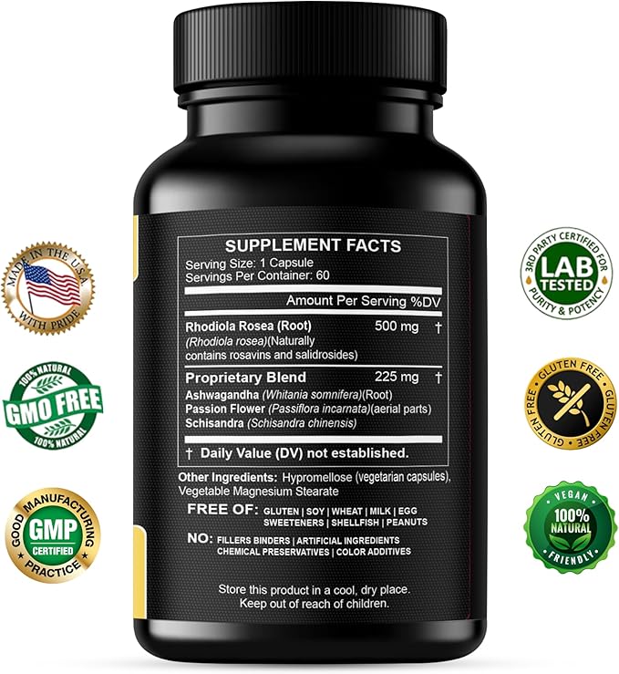 Rhodiola Rosea Supplement High Potency Extract 500mg - 3% Rosavins 1% Salidrosides with Ashwagandha Shisandra Passion Flower Herb Powder Capsules - Natural Way to Relieve Stress - Pills for Energy