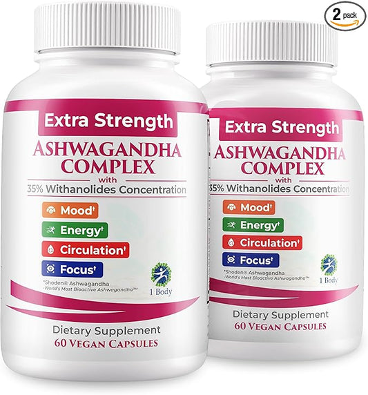 1 Body Ashwagandha Complex Supplement, Focus and Energy Support, 120 Vegan Capsules