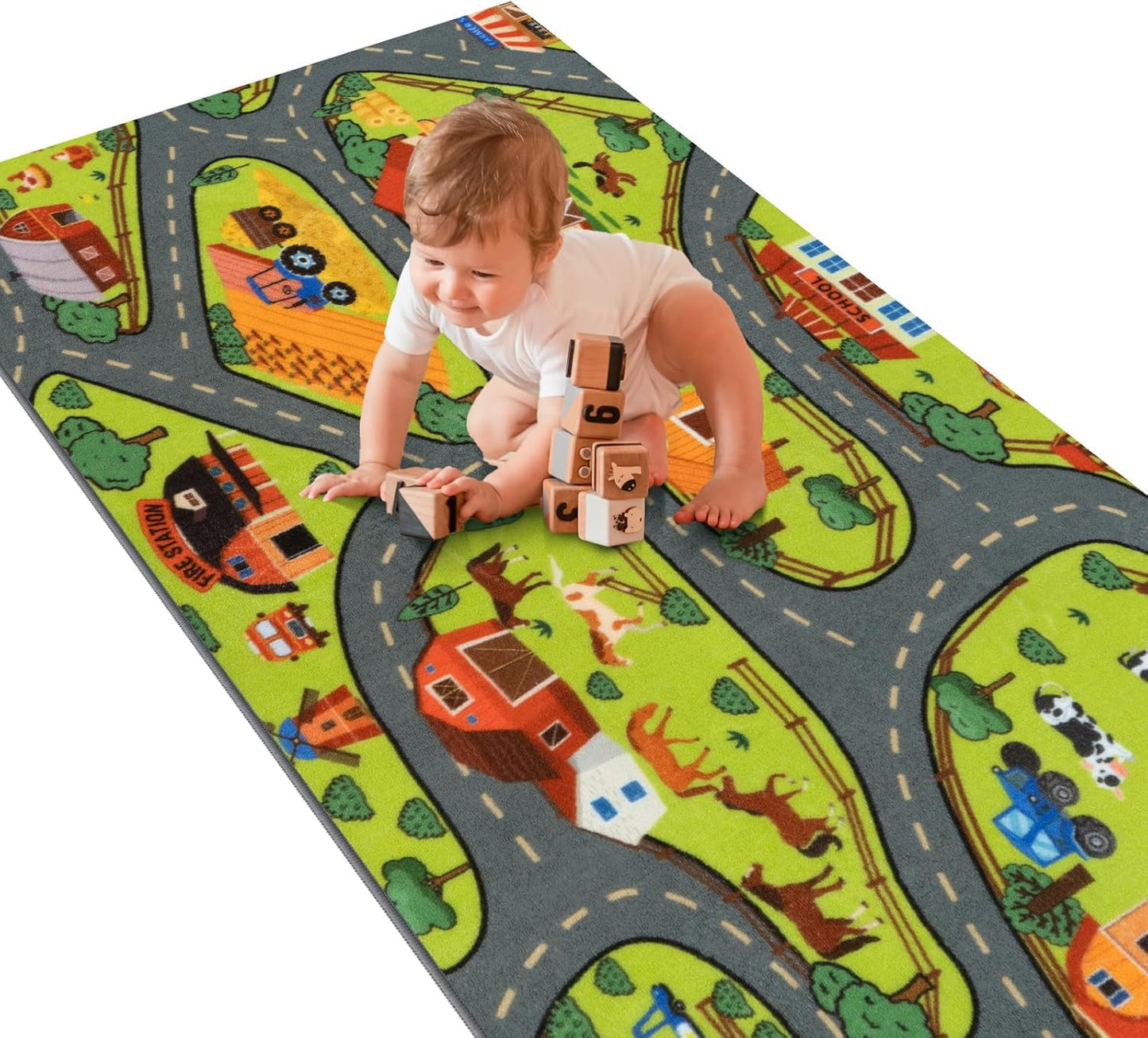 STARUIA Washable Kids Carpet Playmat Rug for Boys Room, 79"x39" Large Toddler Car Rug for Kids Toy Cars, Fun Learning Farm Play Mat Road Rugs for Kids Room Bedroom Playroom