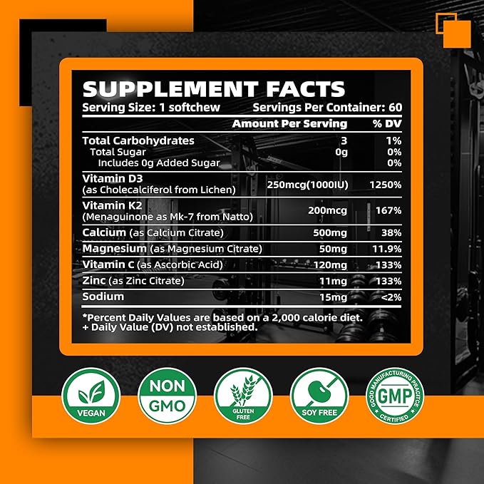 Sugar-Free Vitamin D3 K2 Chews with Calcium + K2 (MK-7), Magnesium Citrate, Vitamin C, Extra Strength - Ultimate Absorption for Bone Muscle Teeth Immune, Vegan - 60 Count-Orange Flavor