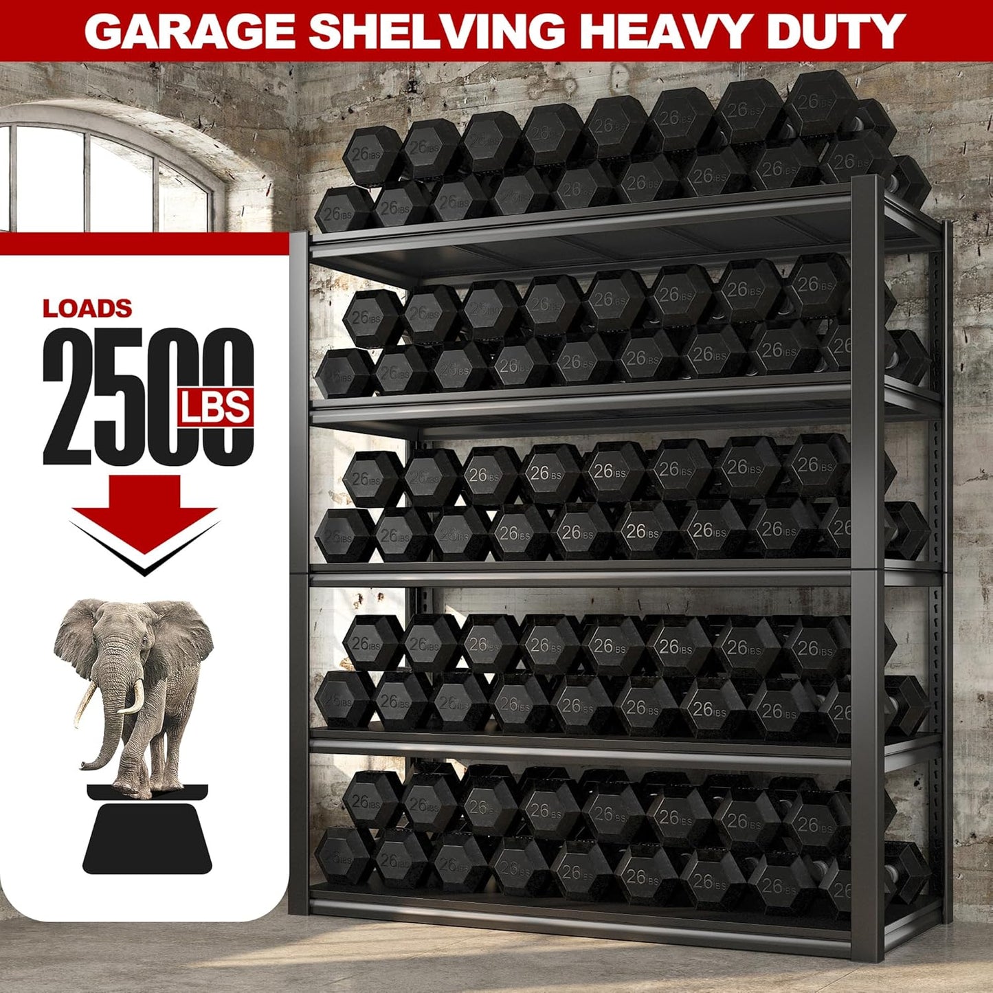 REIBII 48" W Garage Shelving 2500LBS Storage Shelves Adjustable Metal Shelving Heavy Duty Garage Shelves for Warehouse Pantry Basement 48" W x 72" H x 18" D