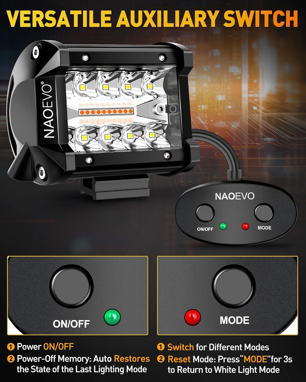 NAOEVO 4 Inch LED Pod Lights, White Amber LED Fog/Driving/Offroad Lights Strobe/Memory Mode and 2 Leads Wiring Harness, Cube Pods for Truck Boat ATV UTV, 2 Pcs (6 Modes)