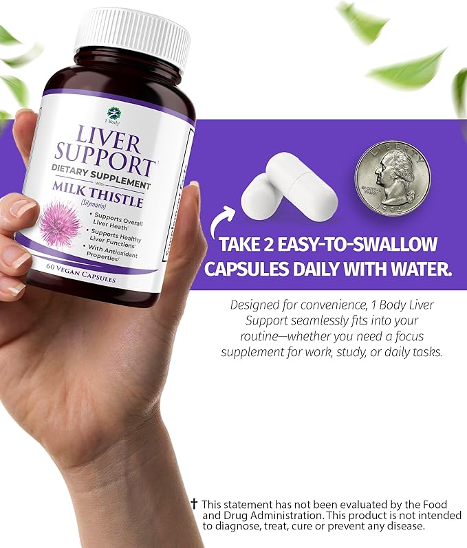 1 Body Liver Support Supplement – Milk Thistle, Dandelion Root & Artichoke for Liver Cleanse & Function, Natural Liver Health Formula, Non-GMO, Vegan 60 Capsules