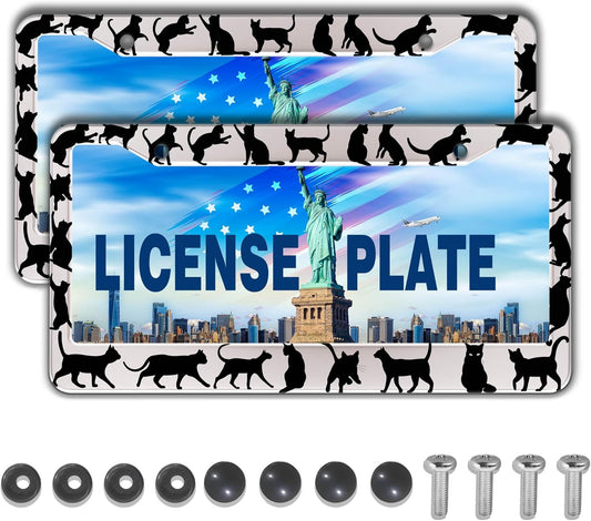 License Plate Frames for Women Black and White License Plate Frame for Men Black Cat Aluminum Metal Car Accessory 2 Pack with Screw Covers Set