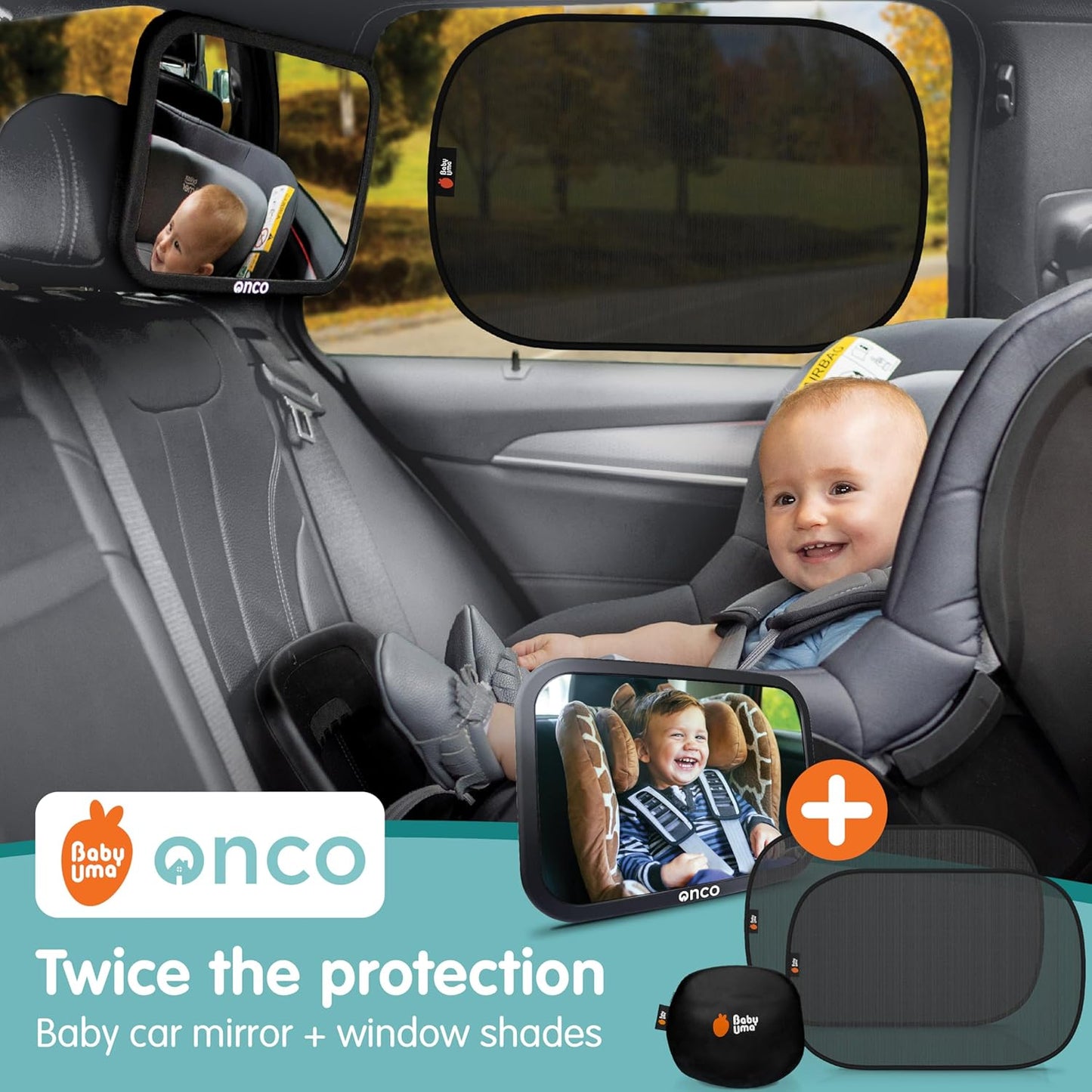 Onco Baby Car Mirror & Car Window Shades Bundle (18.9″ × 12″) - UPF 50+ Window Shade, 100% Shatter-Proof Car Mirror for Baby, Universal Shades & Mirror