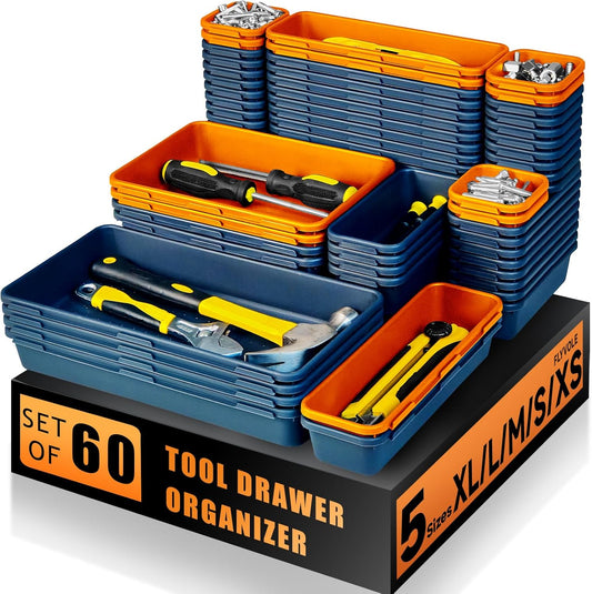 Tool Box Organizer Tray, Toolbox Desk Drawer Organizer, Tool Box Tray, Toolbox Organization Storage for Rolling Tool Chest (60PCS (Blue+Orange))