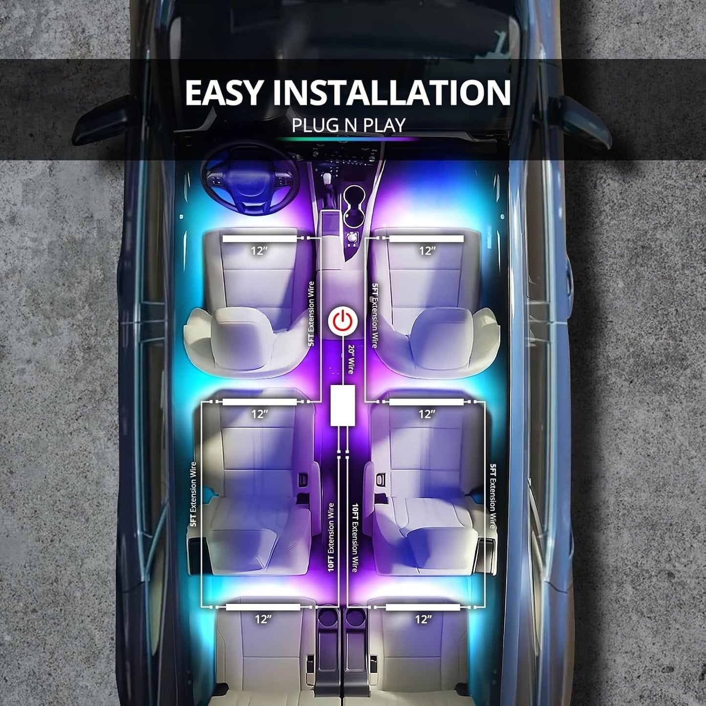 OPT7 Aura DreamColor RGB-IC Car Interior Ambient Light, 6PC Double Row LED Strips, Color Chasing Light Kit w/APP & Remote Control, Universal for Vehicles SUV Trucks Pickups Van