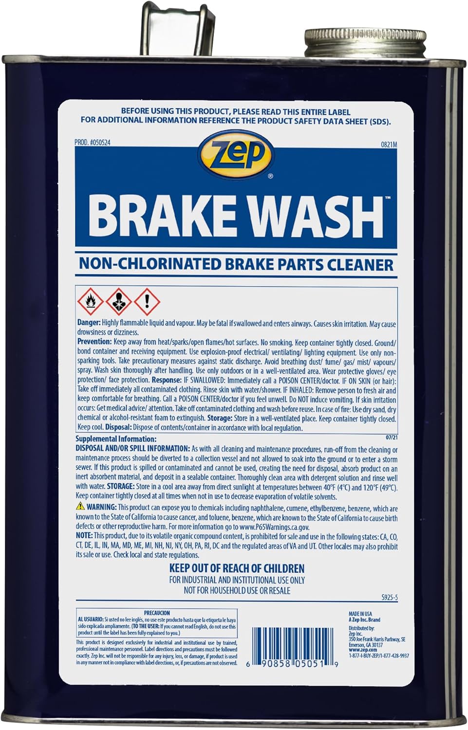 Zep Brake Wash Liquid Non-Chlorinated Parts Cleaner - 1 Gallon (Case of 4) 50524 - Fast-Acting, Non-chlorinated, Solvent Degreaser