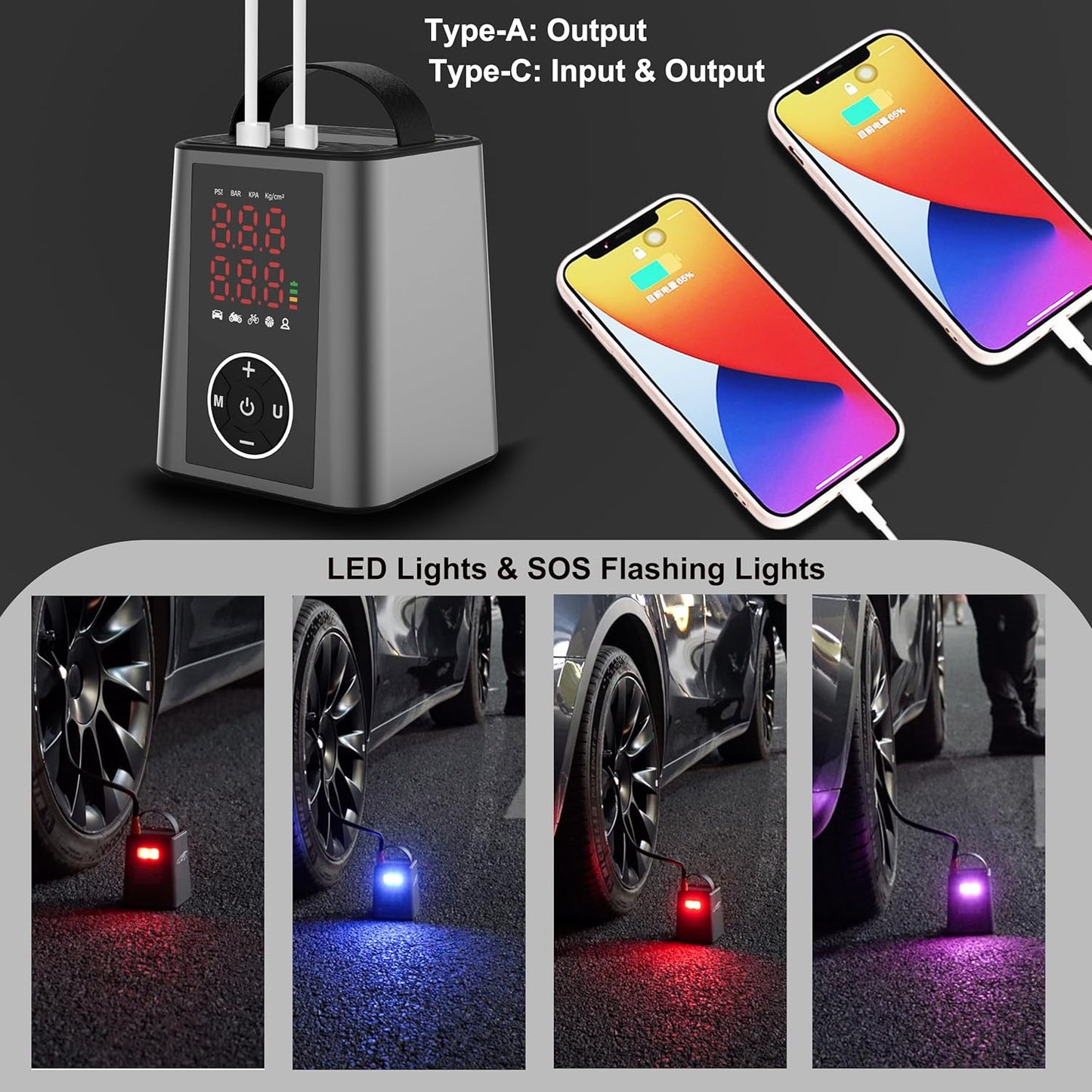 Amooca Tire Inflator Smart Fast Auto Tire Inflation 150 PSI 20000mAh Cordless Air Pump with Emergency Light for Outdoor SUV Car Motorcycle Bike Ball