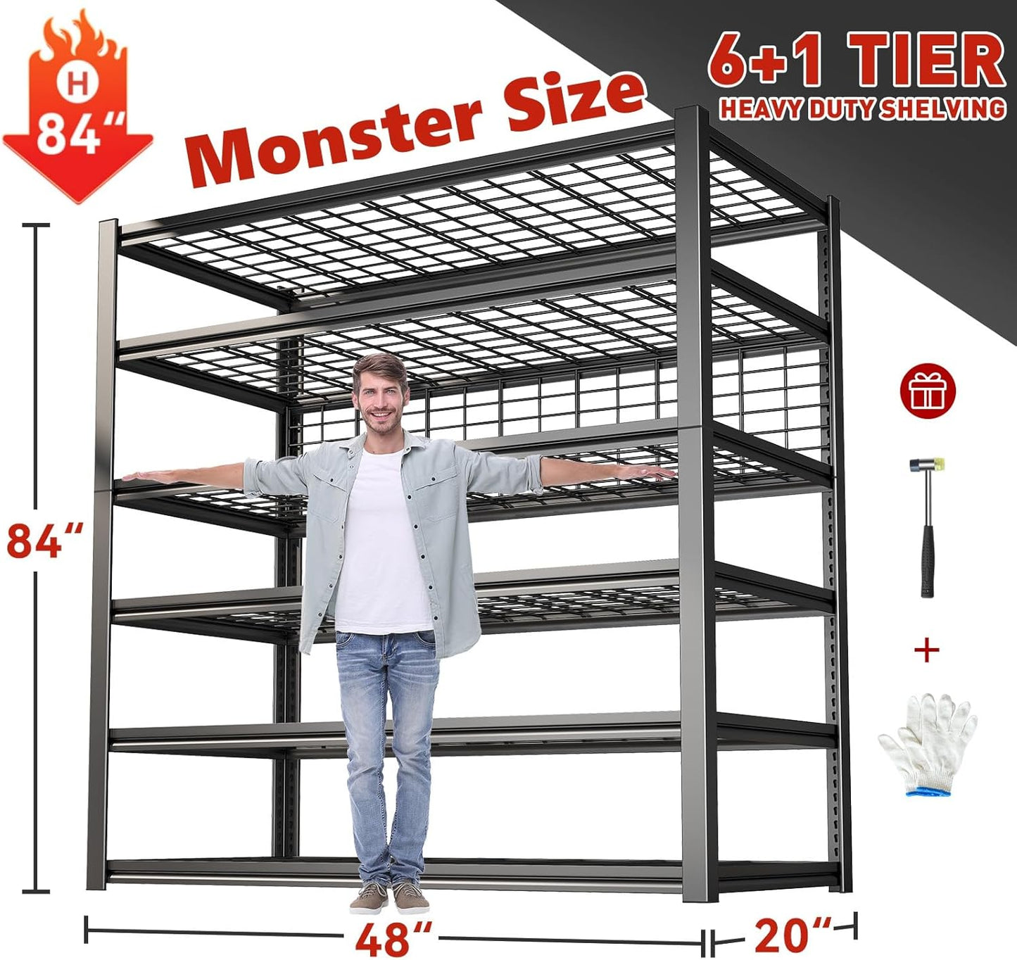 REIBII 84" H Garage Shelving, 6-Tier Storage Shelves Heavy Duty Loads 3500LBS, 48" W Adjustable Garage Shelves, Metal Shelving for Basement, Warehouse, 84" H x 48" W x 20" D, 2PC