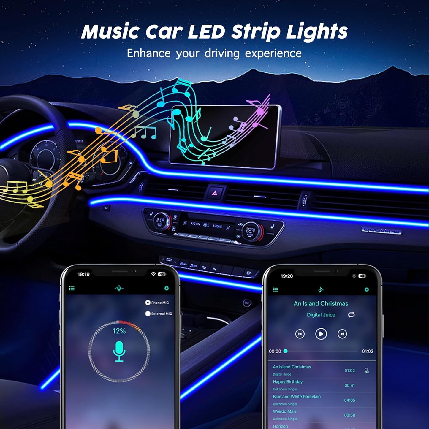 USB Car LED Lights, Interior Car Lights Strip with APP and RF Remote Control, 5 in 1 Ambient Lighting with 276 inches Fiber Optic Music Sync Simple Installation EL Wire Lights (5 in 1/276 inches)